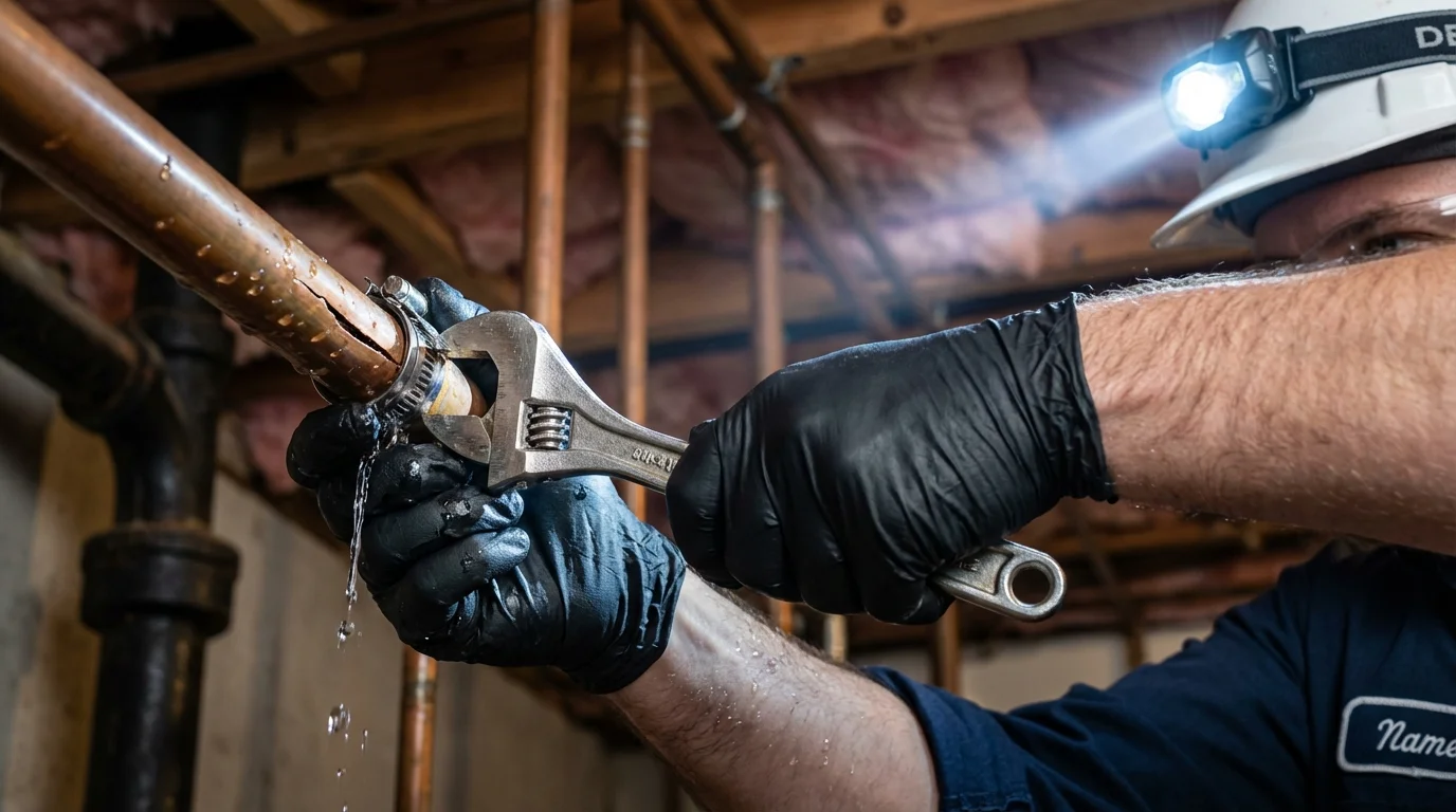 Emergency pipe clamp repair being performed by a Johns Plumbing LLC plumber in Bristol