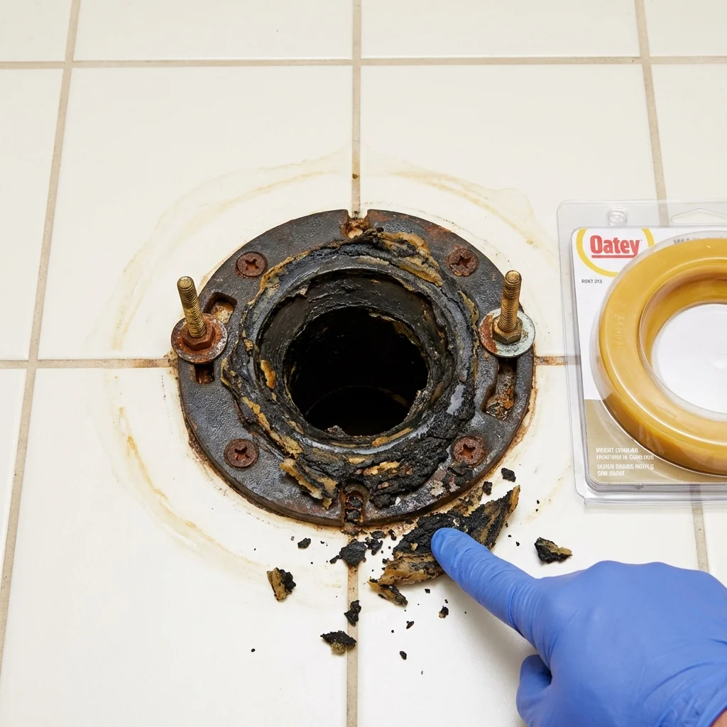 Failed wax ring showing water seepage at the base of a toilet in a Bristol, IN home