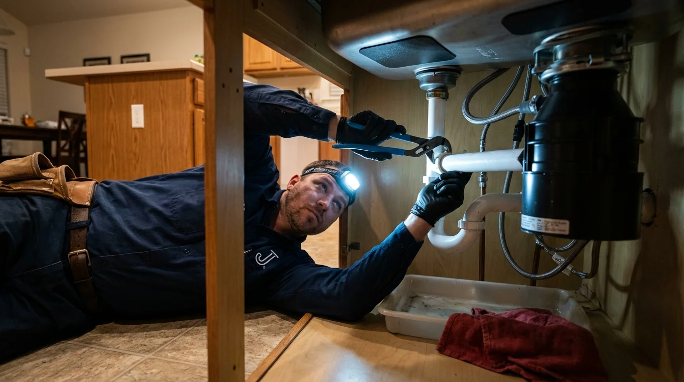 P-trap and supply line connections under a kitchen sink showing a common leak point in Bristol, IN